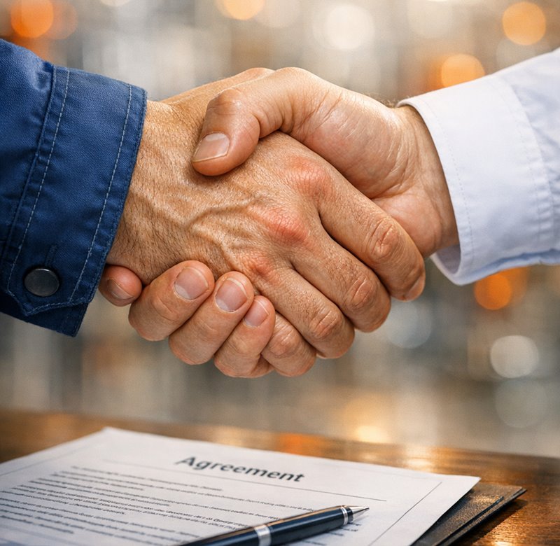 Detailný záber na pevné potrasenie rúk v priemyselnom prostredí, symbolizujúci spoľahlivé partnerstvo a profesionálne personálne služby spoločnosti INFOURS.