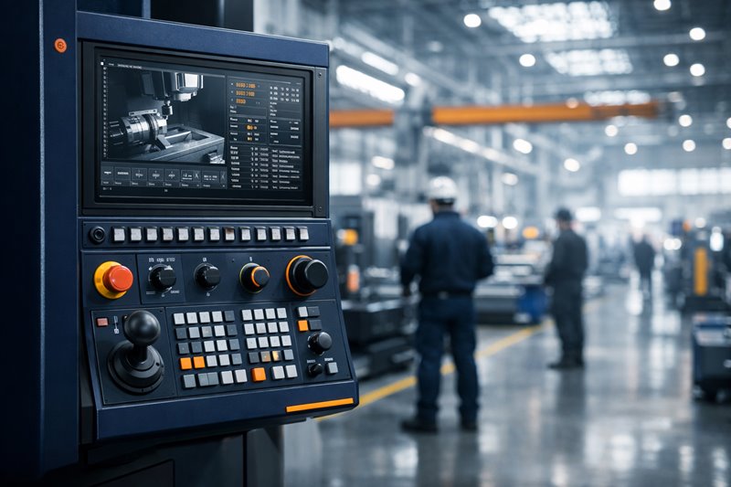 Detailný pohľad na modernú nerezovú ovládaciu konzolu CNC stroja v čistej priemyselnej hale, v pozadí kvalifikovaní technici pri práci.